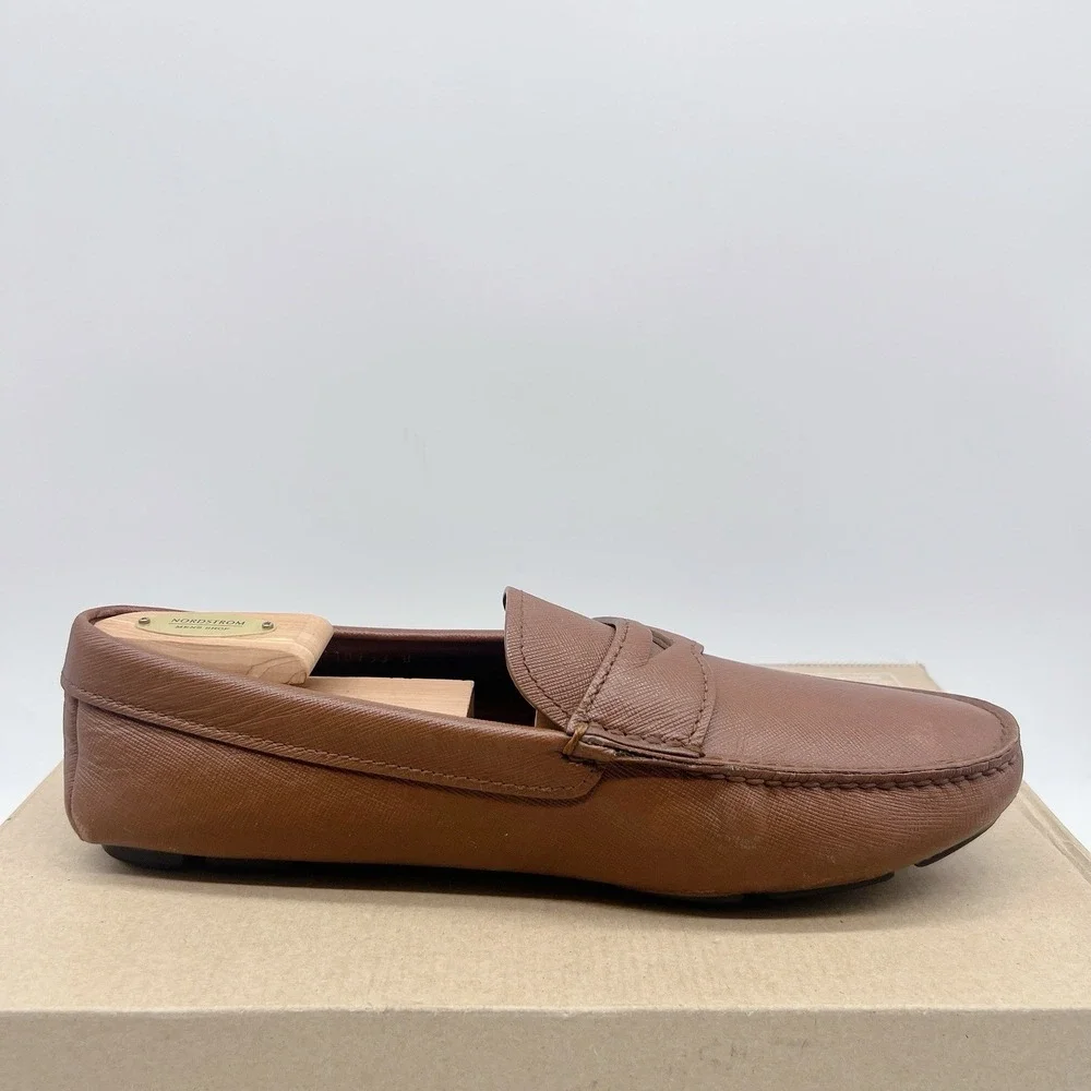 PRADA Saffiano Men's Driver Loafer Logo Ostrich BrownLeather 2DD151 EU 41 US 8
